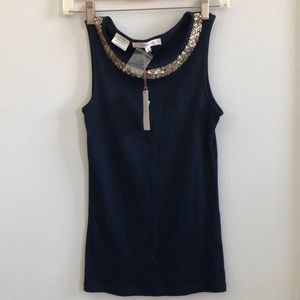 LOULOU NAVY BLUE SLEEVELESS COTTON SEQUINED TOP SIZE L
